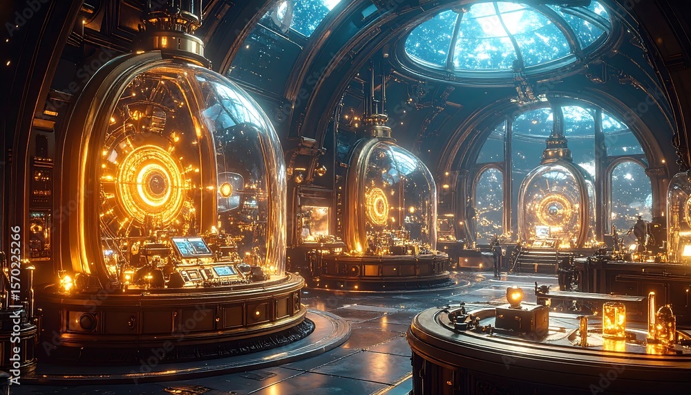 Fototapeta premium Control Room with Glowing Orbs Under Glass Domes