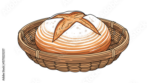 Artisanal Sourdough Bread Loaf in Woven Basket Illustration for Bakery and Food Concepts