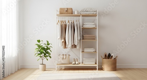 Interior shot of a modern wardrobe featuring neatly organized clothing and accessories with a potted plant and warm sunlight filtering through the window.
