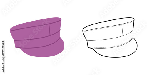 Baker Boy Cap with Peak. Hat Head Fashion accessory clothing technical illustration. Vector headgear for Men, women, unisex style, flat template CAD mockup sketch outline isolated