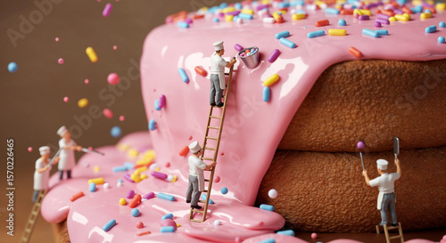 Miniature chefs decorating a cake with pink icing