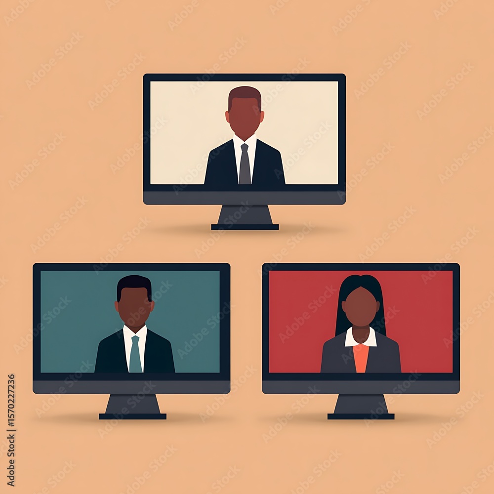 Multiple computer screens displaying diverse business people in video conference. Multiple computer screens displaying diverse business people in video conference.