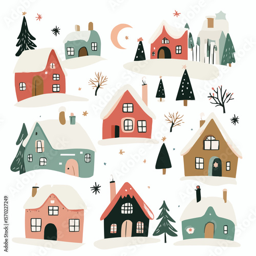 Bright flat winter scene with colorful village houses, snowy trees, stars and cozy details for Christmas decor, nursery prints, packaging and holiday celebration