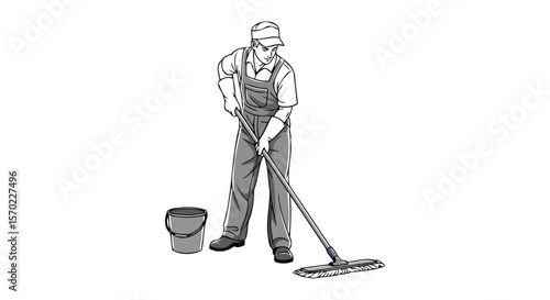 A Janitor Using a Mop and Bucket for Cleaning