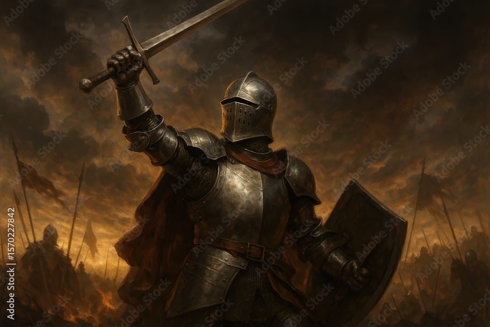 Fototapeta premium Medieval knight in polished armor raising ceremonial sword in victory pose