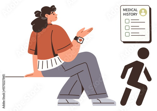 Woman sitting with medical history document nearby and walking figure symbolizing health journey. Ideal for health, consultation, wellness, data analysis, diagnosis, fitness, prevention. Simple flat