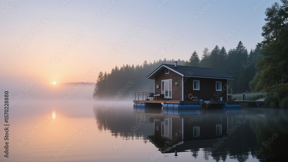 Fototapeta premium Serene sunrise over a tranquil lake, showcasing a floating cabin nestled amongst misty trees.