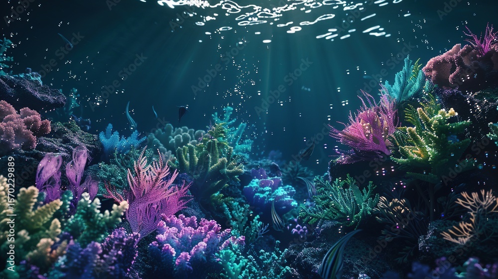 Fototapeta premium Luminescent Wonders: A Neon Coral Reef Under Moonlight, Where Bioluminescent Life Dances in the Deep