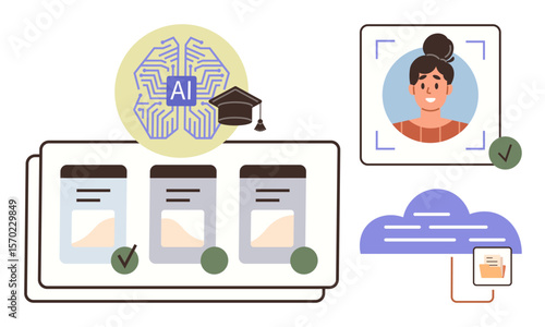AI-enhanced brain with graduation cap, facial recognition, cloud storage, and course selection. Ideal for education, technology, innovation, digital transformation, AI tools e-learning online