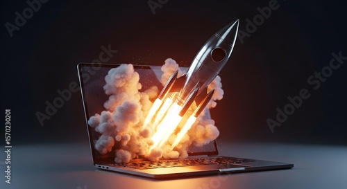 Rocket Launch from Laptop – Symbolic Concept of Startup Innovation, Digital Acceleration, and Technological Breakthrough

