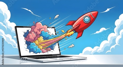 Rocket Launch from Laptop – Dynamic Concept of Digital Innovation, Startup Energy, and Technological Breakthrough