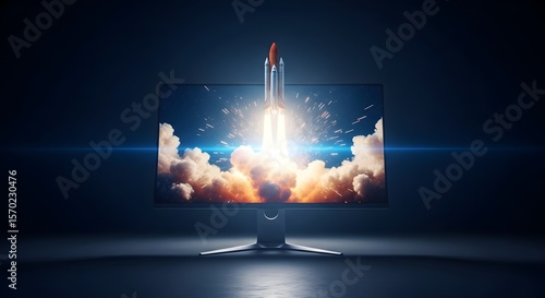 Rocket Launch from Laptop Screen – Futuristic Concept of Digital Innovation, Startup Acceleration, and Technology Breakthrough