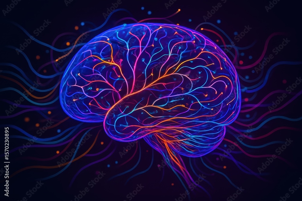 Fototapeta premium Vibrant digital brain visualization with neural networks and creative thought patterns in 3D abstract composition