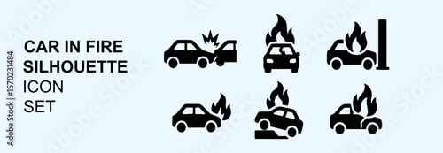 Vector Car in Fire Silhouette Icon Set for Emergency Symbols