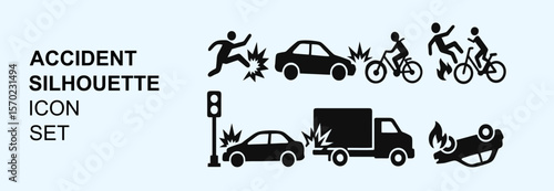 Vector Accident Silhouette Icon Set for Safety and Traffic Symbols