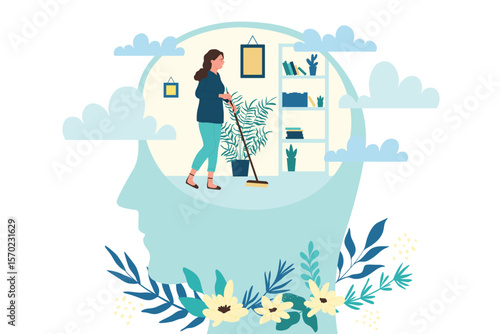 Girl with mop cleaning inner room inside abstract human head. Cartoon person cleansing mind to organize thoughts, brain detox purification flat vector illustration. Psychology, mental health concept