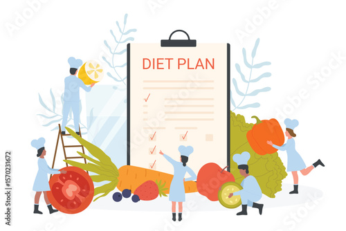 Diet plan, management program for detoxification and weight loss. Cartoon tiny chefs holding vegetables for dietary menu, cook food according to list flat vector illustration. Advice, detox concept