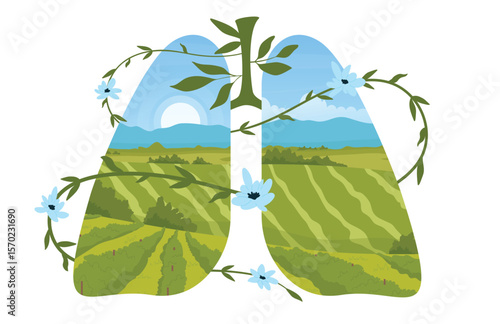 Green summer fields and vineyards, pure clean nature inside abstract human lungs vector illustration. Cartoon wild flowers wrap around eco body organ for breathing isolated on white. Earth day concept