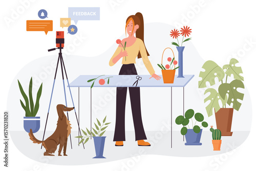 Live video podcast of florist blogger from home garden. Cheerful woman vlogger holding flower, girl showing floral bouquet in social media flat vector illustration. Stream, vlog, hobby concept