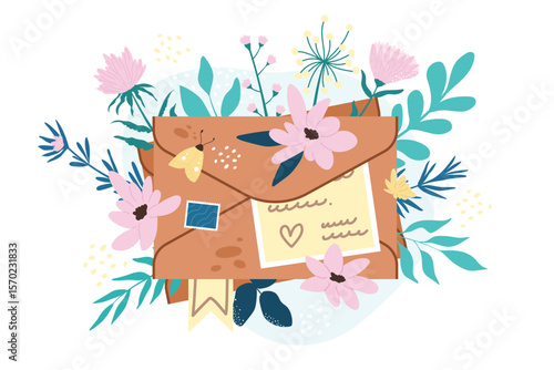Envelope with floral composition. Lovely greeting letter with blooming bouquet cartoon vector illustration
