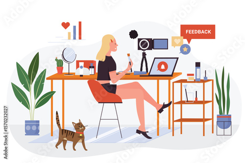 Beauty skincare cosmetics and make up vlog in social media. Attractive woman influencer recording makeup video tutorials on camera flat vector illustration. Webinar, internet, fashion concept
