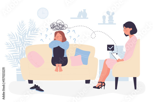 Conversation of professional psychologist and patient in office. Woman counseling sad girl sitting on sofa and talking about problem flat vector illustration. Mental health, psychology concept
