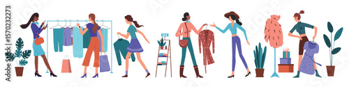 Shopaholic female customers buy accessories and clothes on sales in boutique or retail shop set vector illustration. Cartoon happy girls hold bags with purchases isolated on white. Fashion concept
