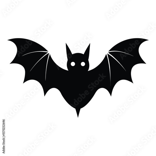 A classic black silhouette of a bat with outstretched wings and glowing white eyes perfect decorations and spooky themes