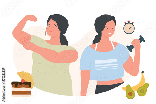 Before and after fitness weight loss program. Healthy balanced diet, fat and slim woman cartoon vector illustration