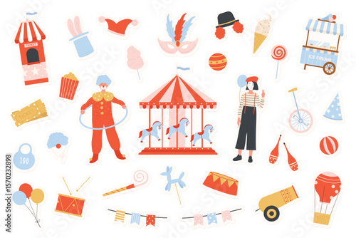 Funny circus and carnaval party stickers set vector illustration. Cartoon carousel, clown and mime characters in costumes, balloon, tickets and bunny in hat. Performance, amusement park concept
