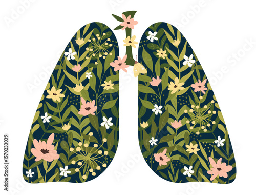 Nature ecological abstract lungs shape fresh spring flowers from garden, wild field plants and green leaves. Cartoon floral decoration of organ flat vector illustration. Healthy lifestyle concept