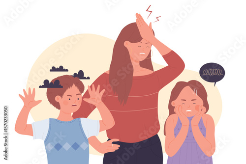 Family conflict, relationship and problems with naughty children. Cartoon exhausted sad mother and mischievous kids with bad behavior flat vector illustration. Parenting hard work, babysitting concept