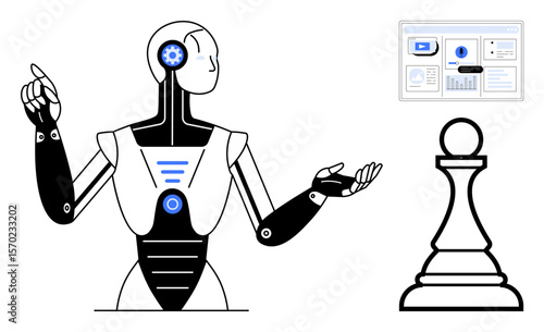 Humanoid AI robot gesturing towards data visuals on screen beside a chess pawn. Ideal for themes thumbs up AI, technology, innovation, strategy, robotics, decision-making, and future vision simple
