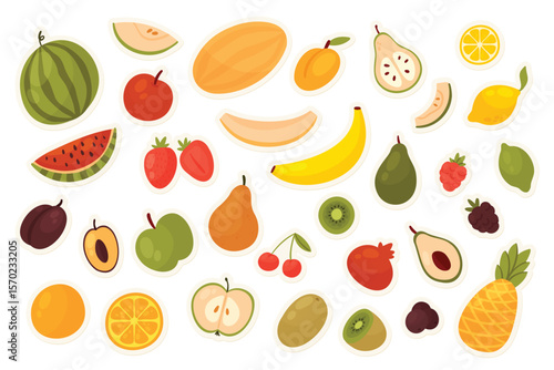 Fruit and berry, food stickers set vector illustration. Cartoon slices and whole apple raspberry lemon orange banana strawberry watermelon pear pineapple blackberry plum isolated on blue background