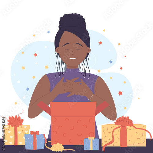 Happy girl unpacking cardboard boxes with ribbons. Cartoon female customer standing among stars and confetti to open package with presents flat vector illustration. Delivery, gift service concept