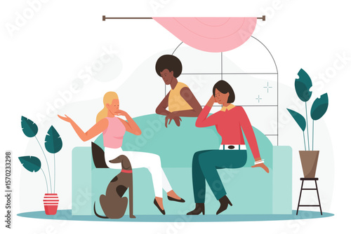 Home party of female friends. Three cheerful girls gathering together, fun conversation of colleagues or girlfriends sitting on couch and smiling flat vector illustration. Meeting, friendship concept