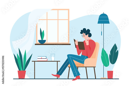 Young man sitting in comfort chair to read book in home living room interior with flowers, window, table and lamp. Reader character with glasses flat vector illustration. Self education time concept