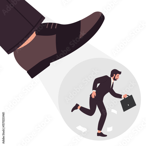 Big foot steps on scared employee vector illustration. Cartoon fired corporate manager running from pressure and abuse, bullying, violence at work background. Discrimination, job loss concept