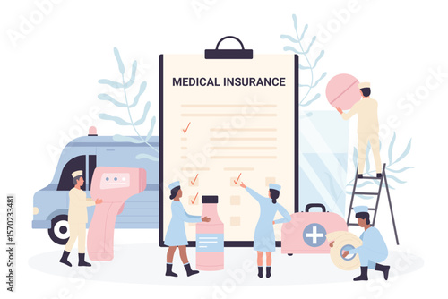Health insurance vector illustration. Cartoon tiny doctors with medical equipment, pills calculate of costs of emergency support and treatment flat vector illustration. Agreement, case concept