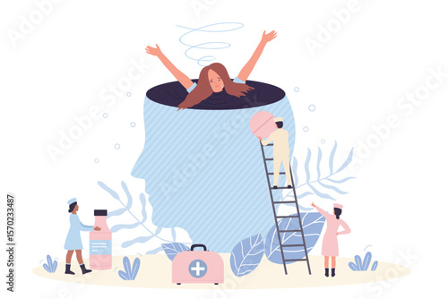 Care, help and support for mental disorders and trauma. Cartoon crying girl drowning in depression swamp of abstract human head, group of tiny doctors holding medicines flat vector illustration