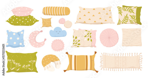 Comfy pillow and cushion set for sofa, bed and armchair vector illustration. Cartoon cute homey decor collection of different shapes and patterns isolated on white. Home interior, rest concept