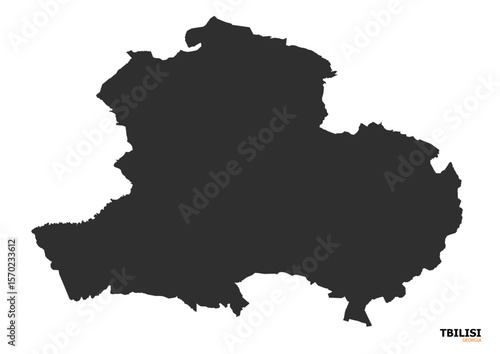 Silhouette map of Tbilisi, Georgia. Shows the geographical outline of the city or region in dark grey. Highlights its simple territorial shape.