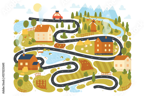 Kids map of cute village for travel adventure vector illustration. Cartoon childish game world with car on countryside road, farm houses, mills and gardens, trees background. Picnic plan concept