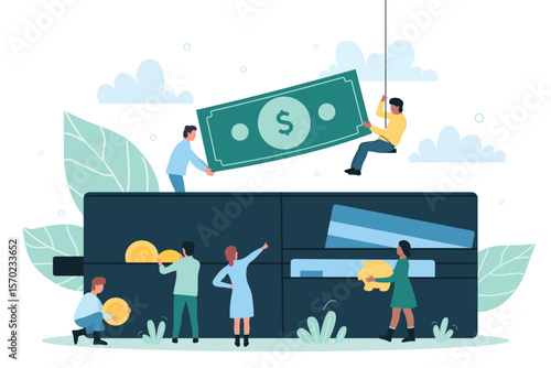 Bank account and payment financial system. Cartoon tiny people put banknote, gold coins and credit card in open wallet, person holding money box flat vector illustration. Budget, economy concept