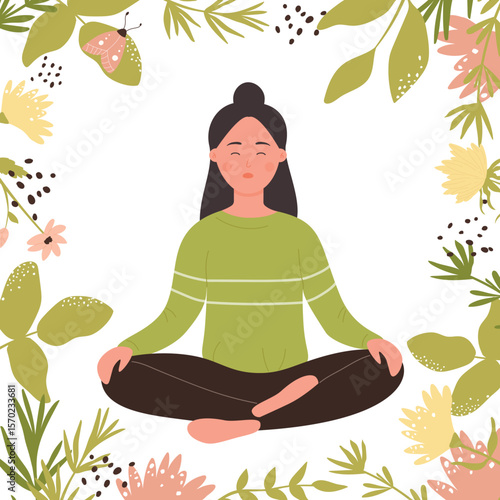 Girl sitting in lotus position to meditate and relax vector illustration. Cartoon young woman enjoy zen meditation, beauty of nature flowers, plant leaves and butterfly background. Wellness concept