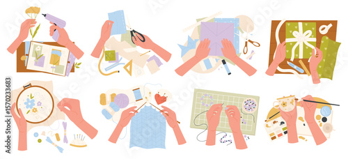 Different craft hobby and workshop set vector illustration. Cartoon hands of talent people making handmade artisan tools, creative embroidery and scrapbooking isolated on white. Handcraft concept