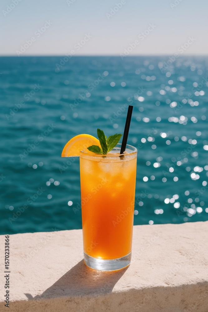 Refreshing orange cocktail with mint on sunny seaside view Refreshing orange cocktail with mint on sunny seaside view