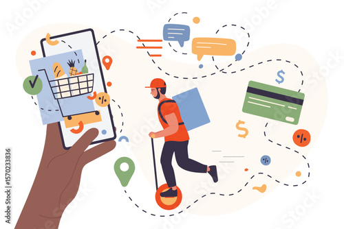 Delivery app to order food from supermarket and grocery store. Cartoon hand holding phone to buy healthy fresh products, courier shipping with eco transport flat vector illustration. Ecommerce concept