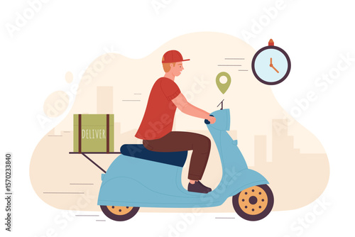 Express delivery service, deliveryman riding scooter fast to deliver orders from cafe, shop or restaurant. Cartoon tiny boy courier on moped and clock flat vector illustration. Shipment concept