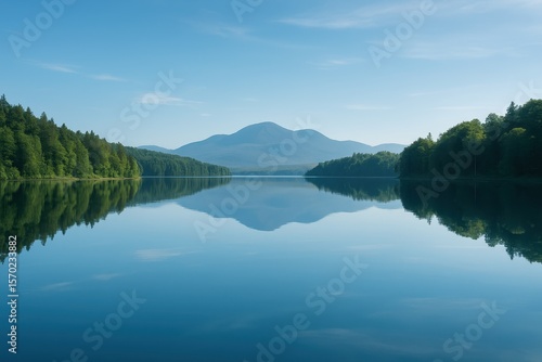 Serene lake with perfect mirror reflection creating peaceful symmetry in natural blue water landscape